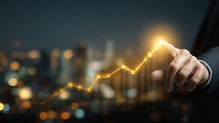 Businessman Pointing To Glowing Graph Over Night Cityscape