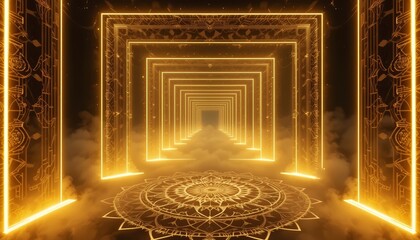 Golden Illuminated Gateway With Geometric Patterns and Enchanting Glow.