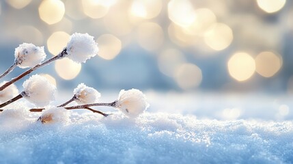 Snowy Branches with Frosty Flowers Against a Soft Light Background