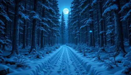 Winter Forest Path Under a Full Moon at Night.