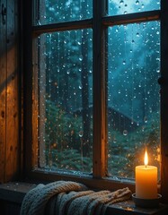 Cozy Candlelit Window During Rainy Evening with Forest View.
