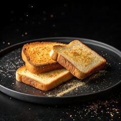 Three slices of toasted bread on a black plate breakfast
