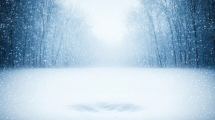 Snowy Forest Landscape with Gentle Falling Snow and Misty Background