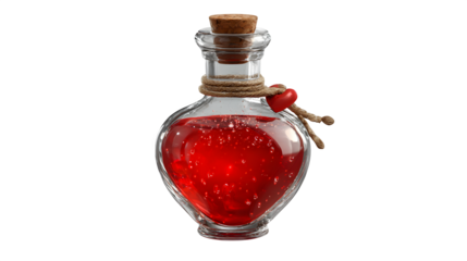Red potion in glass bottle, isolated on transparent background