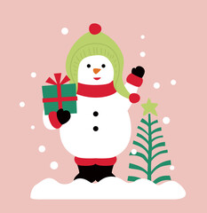 Cute winter snowman flat vector illustration.
Snowman with Christmas gift box clipart design.
Good for greeting card,poster, banner, leaflet.