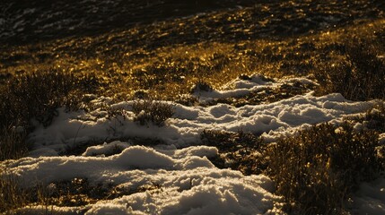 Snowy Ground with Sunlit Grass and Glittering Nature Scene