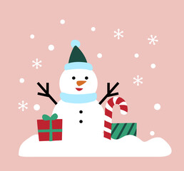 Cute winter snowman flat vector illustration.
Snowman with Christmas gift box clipart design.
Good for greeting card,poster, banner, leaflet.