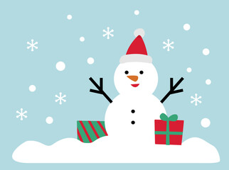 Cute winter snowman flat vector illustration.
Snowman with Christmas gift box clipart design.
Good for greeting card,poster, banner, leaflet.