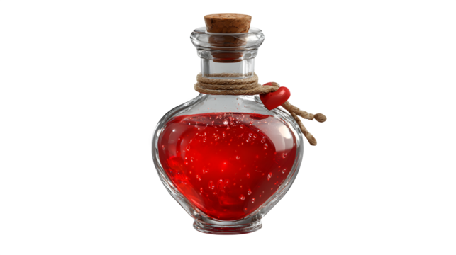 Red potion in glass bottle, isolated on transparent background
