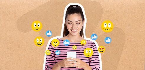 In a casual setting, a woman with long hair smiles as she chats on her smartphone. Colorful emojis surround her, reflecting her joyful interaction on social media and messaging.
