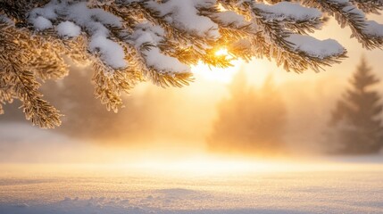Snowy Landscape at Sunrise with Frosty Pine Tree Branches