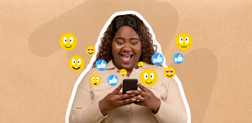 African American woman smiles broadly while texting on her smartphone, surrounded by cheerful...