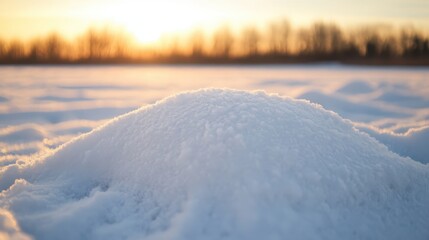 Snowy Landscape at Sunset with Soft Snow Mounds in Focus
