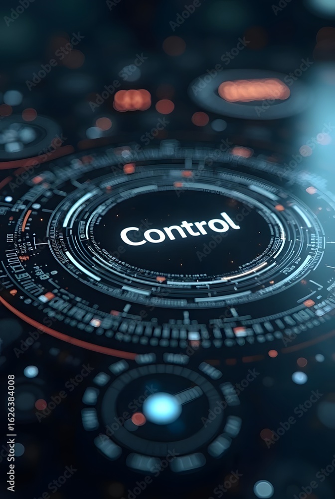 Poster abstract futuristic interface design features a central control panel with glowing concentric circle