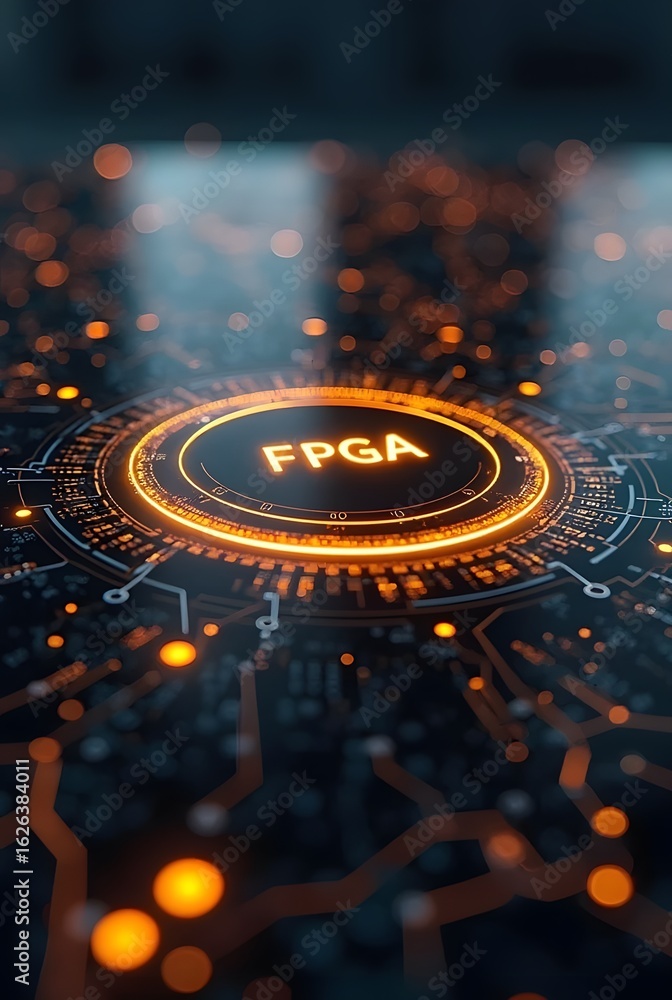 Aufkleber a vibrant fpga circuit board glows with warm orange accents against a dark background, vertical comp