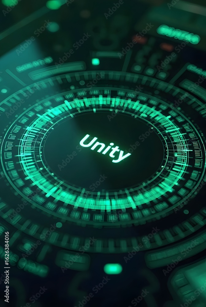 Aufkleber abstract green digital interface glows with futuristic energy and the word unity, vertical compositi