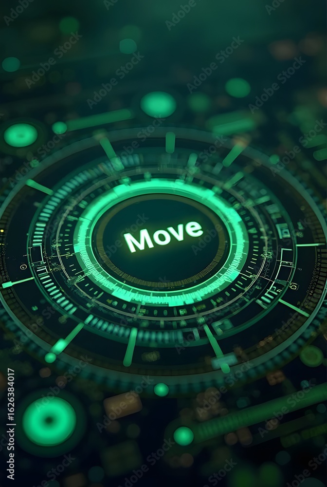 Poster abstract green and black futuristic interface design features a central button that reads move, vert