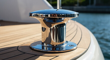 A reflective stainless steel mooring bollard secured to the beautiful teak deck of a luxury marine vessel.