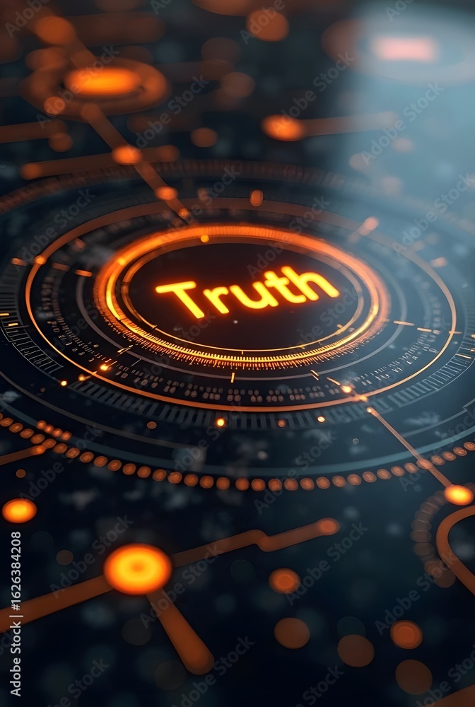 Poster abstract digital art features a glowing orange truth within a futuristic circular interface, vertica