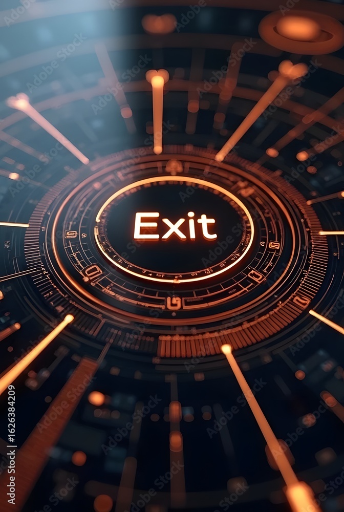 Poster futuristic orange and black circular design features a glowing exit sign at its center, vertical com