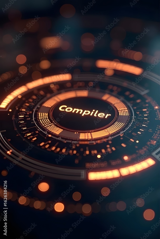 Poster futuristic orange and black circular interface glows with digital data, vertical composition. the wo