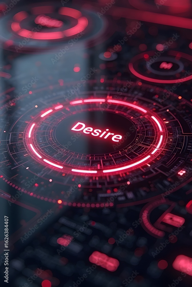 Poster red glowing circles create a futuristic interface, vertical composition. the word desire is displaye