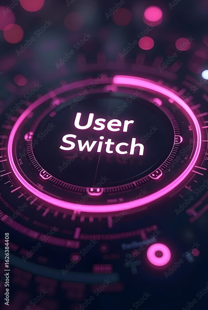 Poster neon pink highlights accentuate a futuristic user interface, vertical composition. the central user 