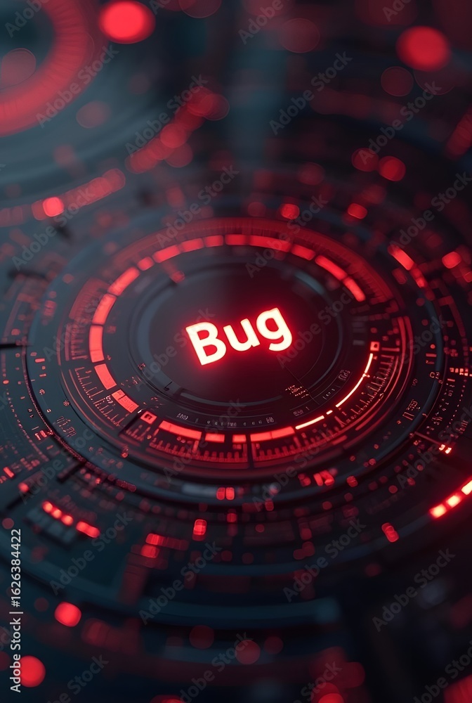 Poster red glowing digital interface displays the word bug in a futuristic circular design, vertical compos
