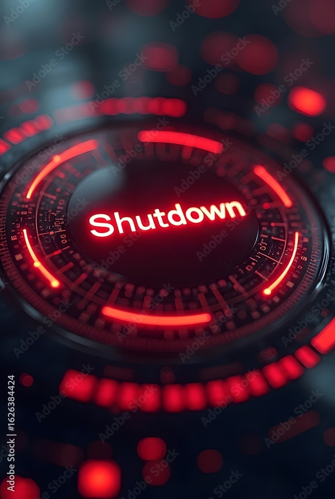 Poster red glowing circles surround a central button displaying the word shutdown, vertical composition. th