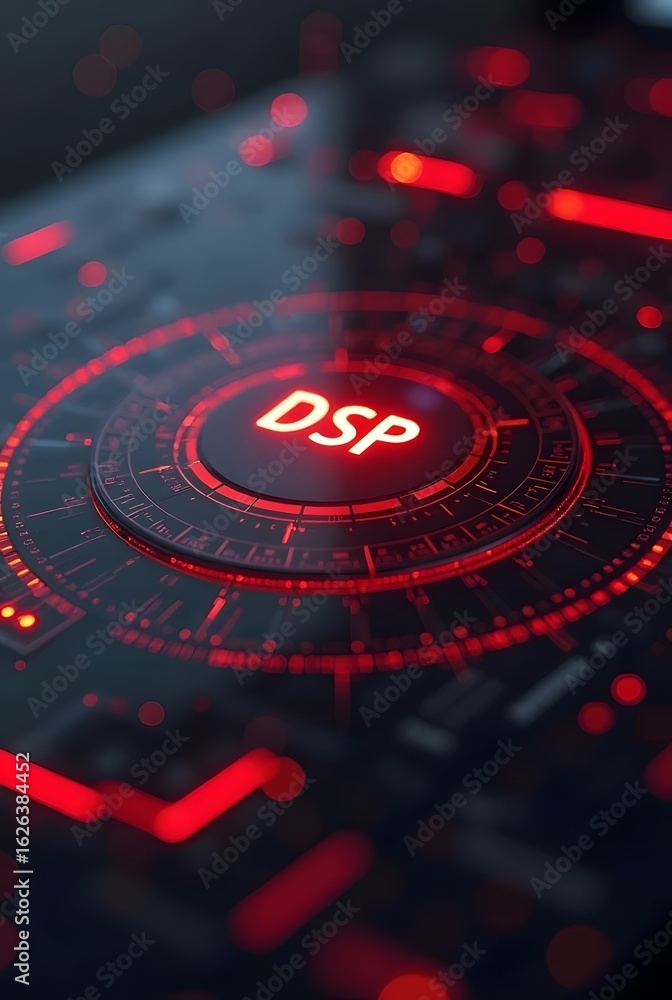 Poster red glowing digital interface displays dsp acronym, vertical composition. futuristic technology conc