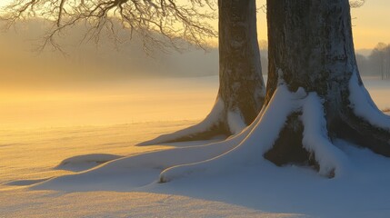 Snowy Landscape at Sunrise with Trees in Winter Wonderland Atmosphere