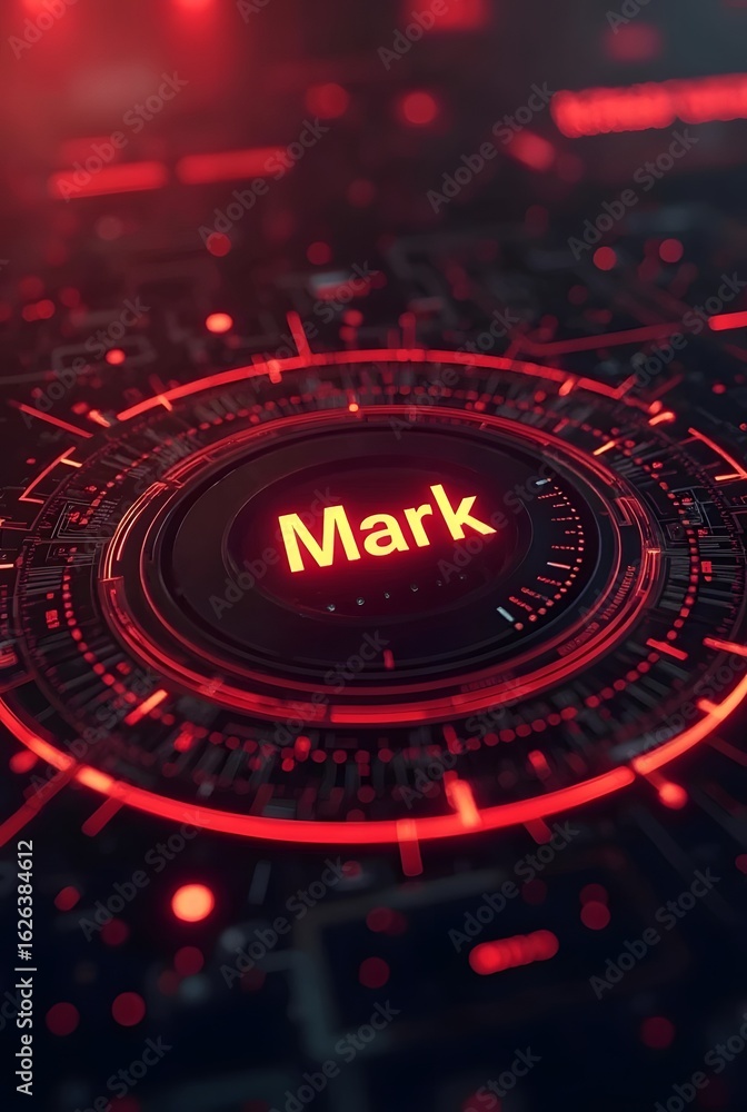 Poster vibrant red hues illuminate a futuristic circular interface showcasing the word mark in glowing oran
