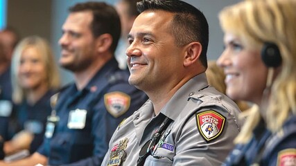 Police officer smiling during press conference with paramedics