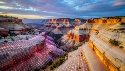 Surreal Canyon Vista with a Luminous Digital Grid Overlay at Sunset
