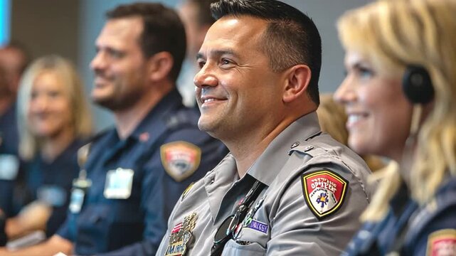 Police officer smiling during press conference with paramedics