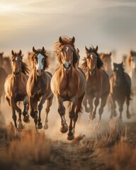 Majestic Horses Galloping Through Dusty Landscape at Sunset