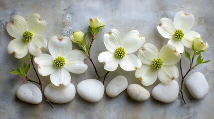 Zen Harmony Dogwood Blooms and White Stones A Serene Floral Composition