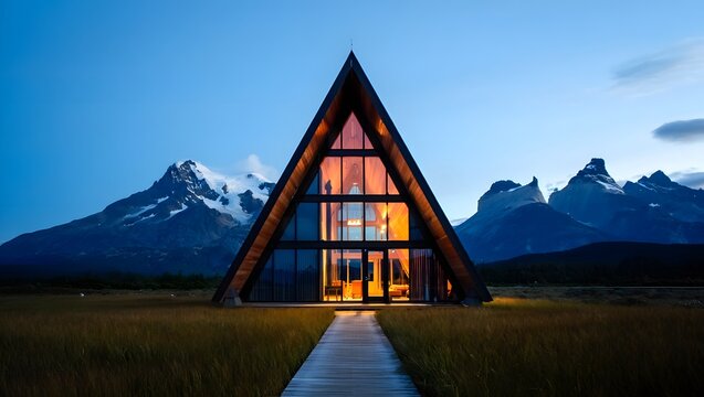 Modern a frame cabin nestled in a dramatic mountain landscape at dusk