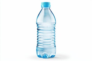 Fototapeta premium Clear Plastic Water Bottle with Blue Cap on White Background for Refreshing Hydration and Eco-Friendly Beverage Solutions in Daily Life
