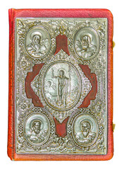 Beautifully crafted religious book cover featuring intricate metalwork and religious imagery