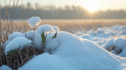 Snowy Landscape with Frosty Plants in Soft Morning Light