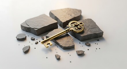 Ornate golden key rests amidst fractured grey stones, symbolizing overcoming obstacles or finding a solution.