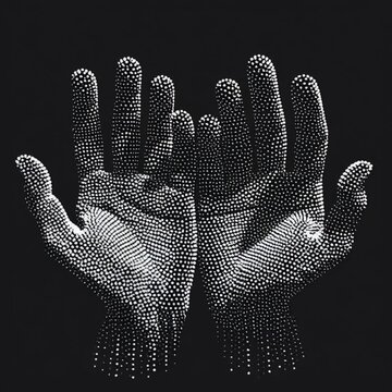 Abstract Pointillist Hands Reaching Upward on Black Background