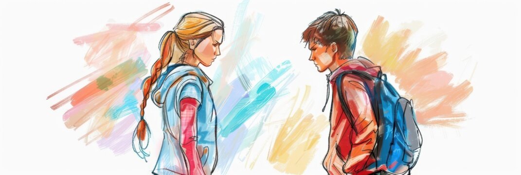 Awareness campaign for anti-bullying month - promoting respect and kindness among youth. Problem of bullying at school, based on nationality, race or class. Horizontal banner. Copy space. Sketch - Powered by Adobe