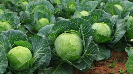 Lush Green Cabbage Field Awaiting Harvest, Vibrant Vegetables Thriving in Rich Soil, Fresh and Organic Produce, Farm Fresh Goodness