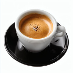 Obraz premium A freshly brewed cup of espresso in a small white cup, sitting on a sleek black saucer, perfect for capturing the rich, deep essence of espresso in high resolution.