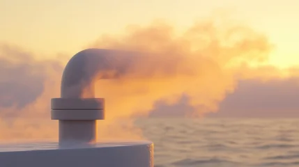 Sunrise Steam Rising from Pipe Over Calm Ocean Water Surface © IzzExpert