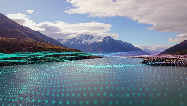 Vibrant Digital Grid Illuminates a Tranquil Mountain Lake and Snowy Peaks Under Cloudy Sky