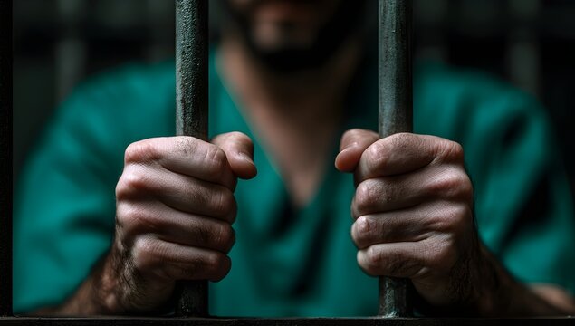 Close-up  man gripping jail cell bars with hands in prison uniform