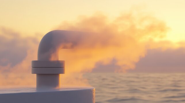 Sunrise Steam Rising from Pipe Over Calm Ocean Water Surface